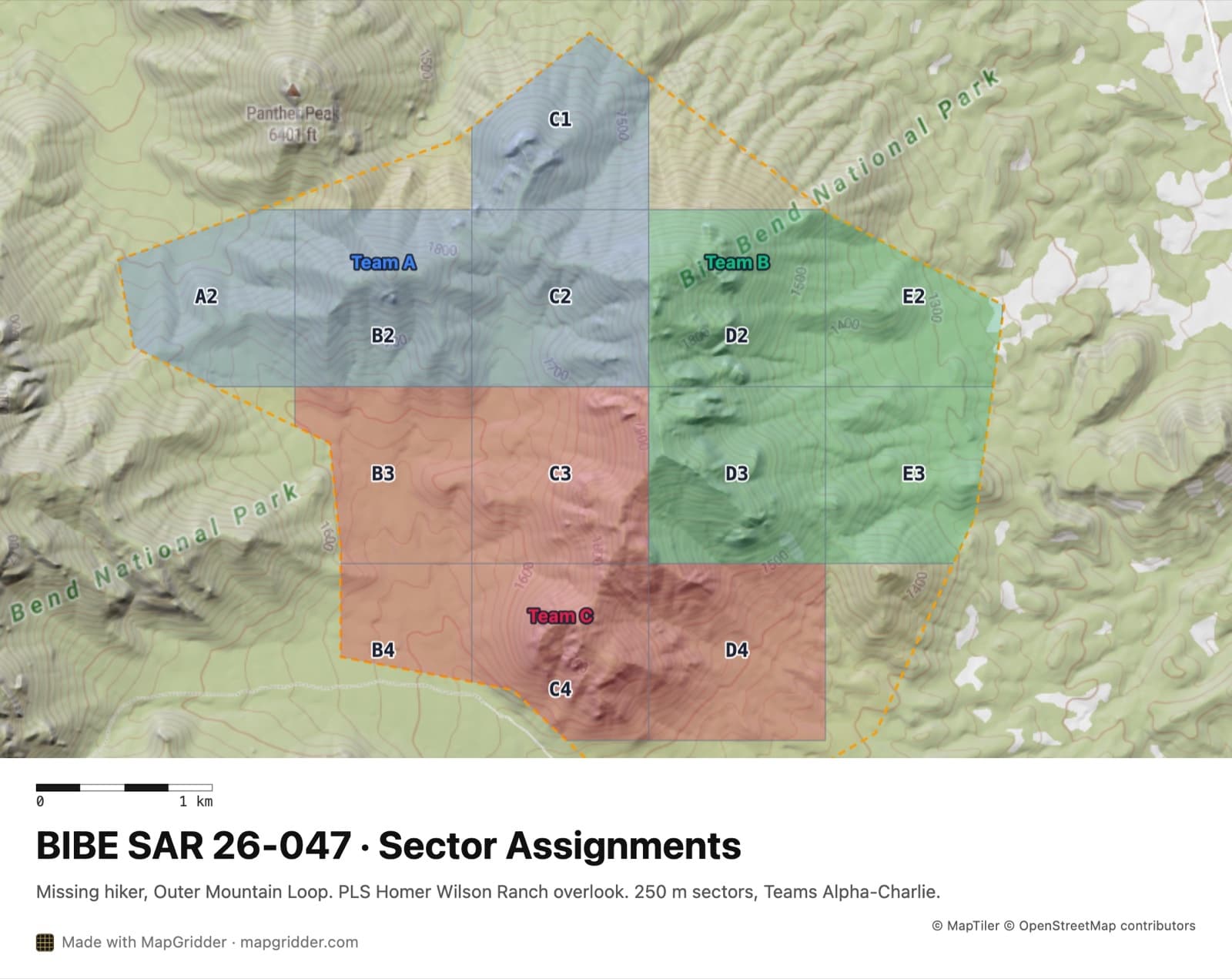 Exported sector assignment map titled BIBE SAR 26-047 for a missing hiker in Big Bend National Park: a drawn search area split into lettered sectors painted for Teams A, B, and C over shaded topographic terrain, with a scale bar and footer.