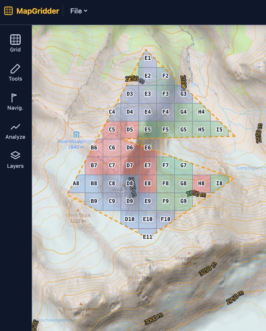 A mountain search area on a topographic map split into lettered squares from E1 to E11, with blue, green, and red team assignments painted over the contours around a high alpine hut.