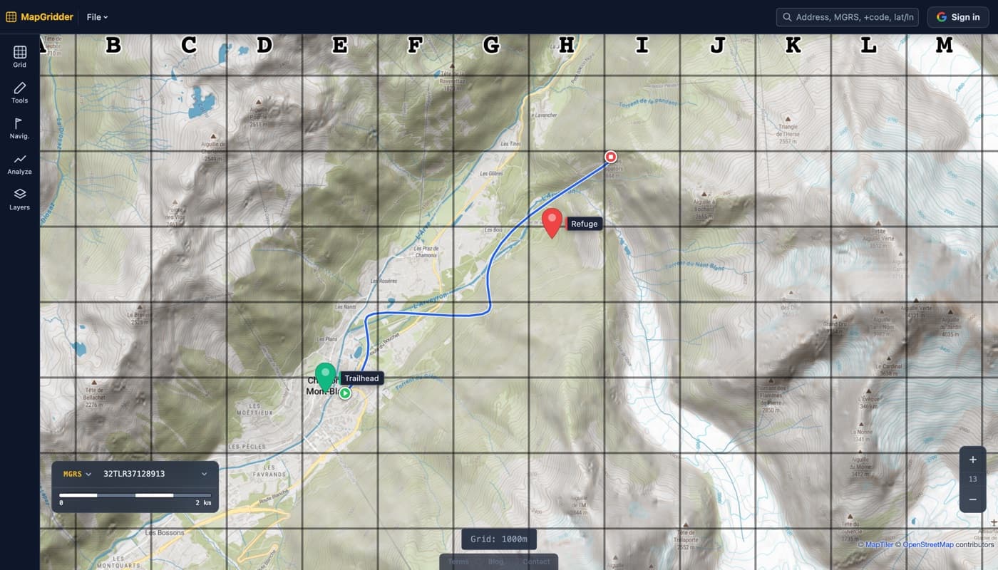The imported Chamonix GPX track on a topographic map with a bold 1 km labeled grid overlaid and two waypoint pins named Trailhead and Refuge marking key points along the route.