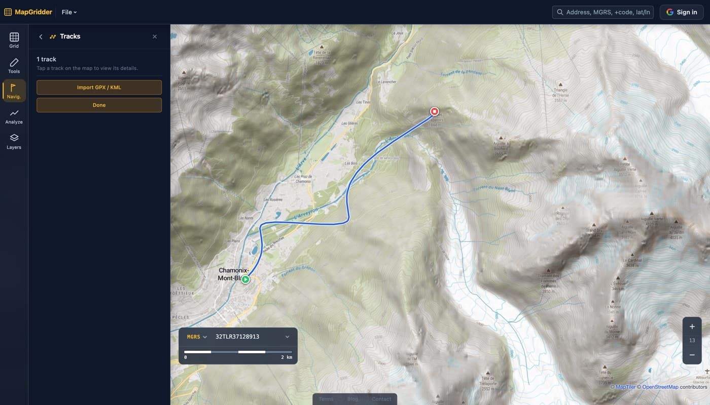 The MapGridder Tracks panel showing one imported track and an Import GPX / KML button, next to a topographic map of the Chamonix valley with the imported GPX track drawn as a blue line with start and end markers.