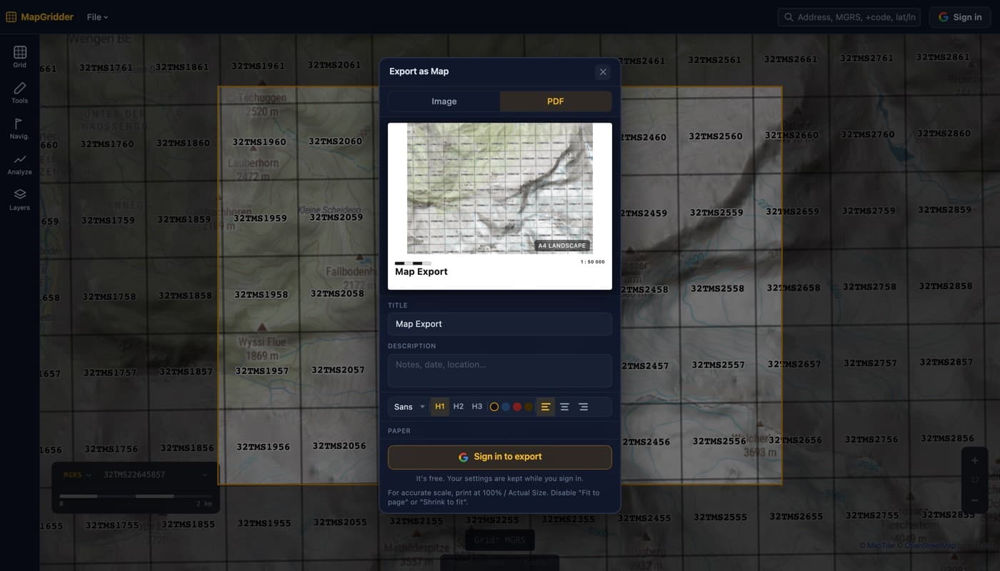 The Export as Map dialog in PDF mode over an alpine topographic map with an MGRS grid, showing a live page preview with an A4 landscape badge and a 1 to 50,000 scale label, while an amber frame on the map marks the area that will print.