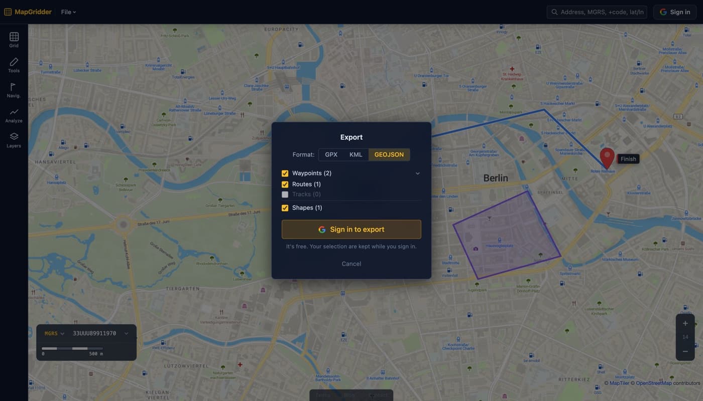 The MapGridder Export dialog with the GeoJSON format selected, showing include toggles for Waypoints, Routes, Tracks, and Shapes over a Berlin map with a route, waypoints, and a polygon in the background.