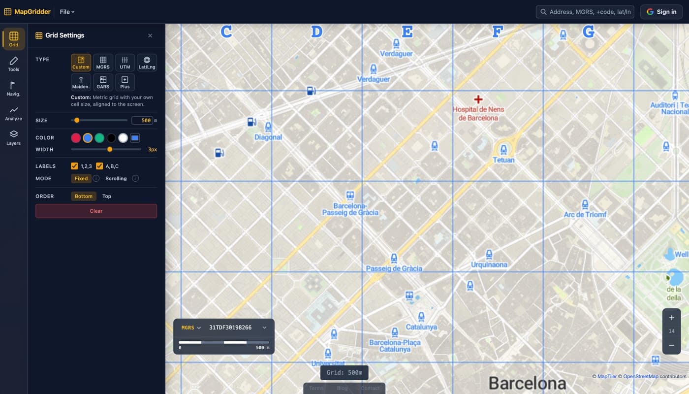 The MapGridder grid settings panel open over a map of Barcelona, showing the cell size field set to 500 meters, color presets, a 3 pixel line width slider, and label checkboxes, with a bold blue labeled grid on the map.
