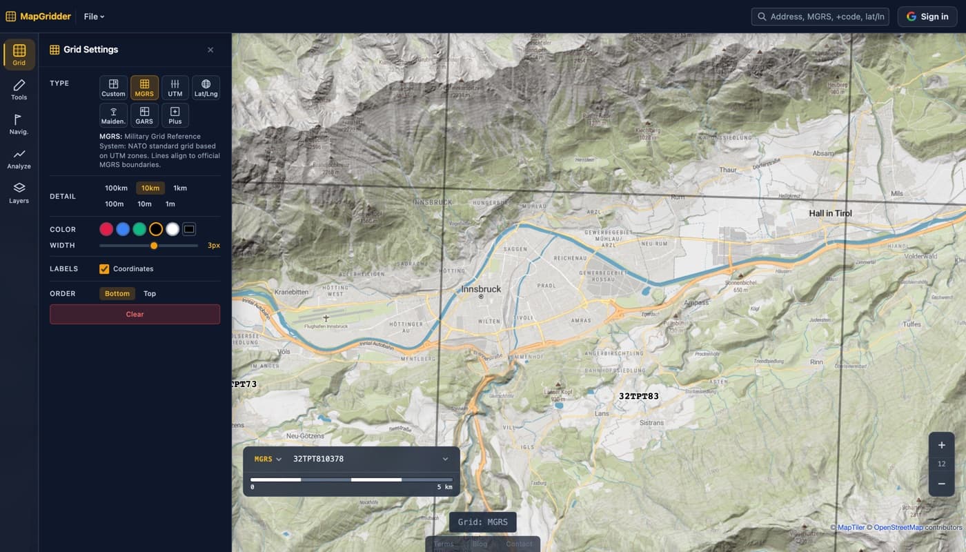 The MapGridder grid settings panel with the MGRS type selected, showing the Detail, color, and line width controls, next to a topographic map of Innsbruck with bold black 10 km MGRS grid lines and square labels.
