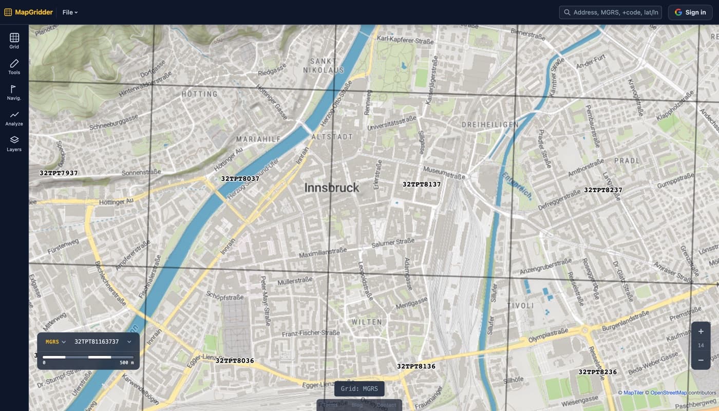 A street map of Innsbruck at city zoom with a bold 1 km MGRS grid overlaid, each square labeled with its reference such as 32TPT8137, and the live MGRS readout in the corner.