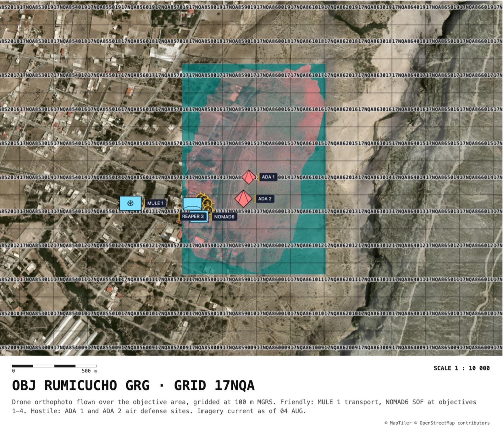 A finished briefing sheet exported from MapGridder: a drone orthophoto of the objective area under a labeled 100 m MGRS grid, with friendly and hostile tactical symbols, a scale bar, the 1:10,000 scale ratio, and a title block reading OBJ RUMICUCHO GRG.