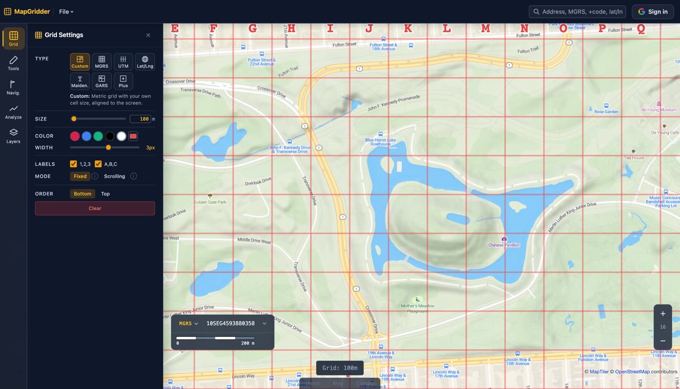 The MapGridder grid panel open beside a map of Golden Gate Park with a bold red 100 meter grid and column letters E through Q labeling the cells across the top.