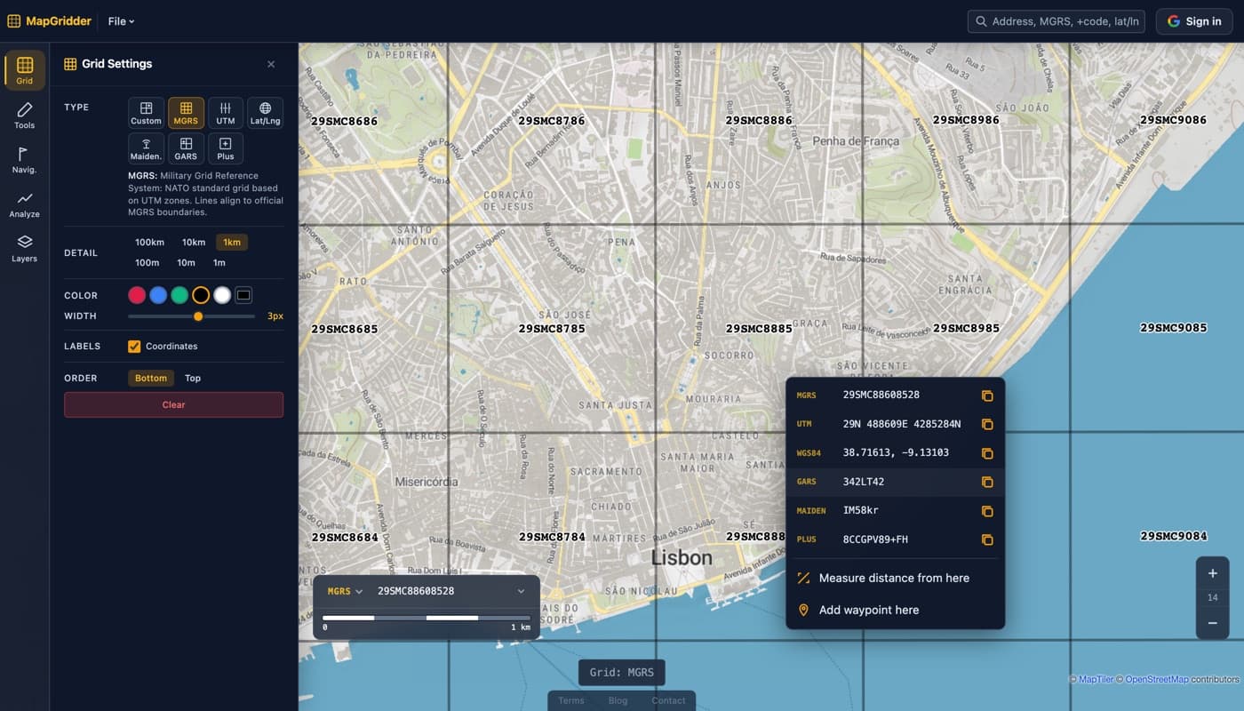 MapGridder with the grid panel open on a Lisbon map showing a bold 1 km MGRS grid, and the right-click coordinate menu listing the same point as MGRS, UTM, WGS84 latitude and longitude, GARS, Maidenhead, and a Plus Code, each with a copy button.