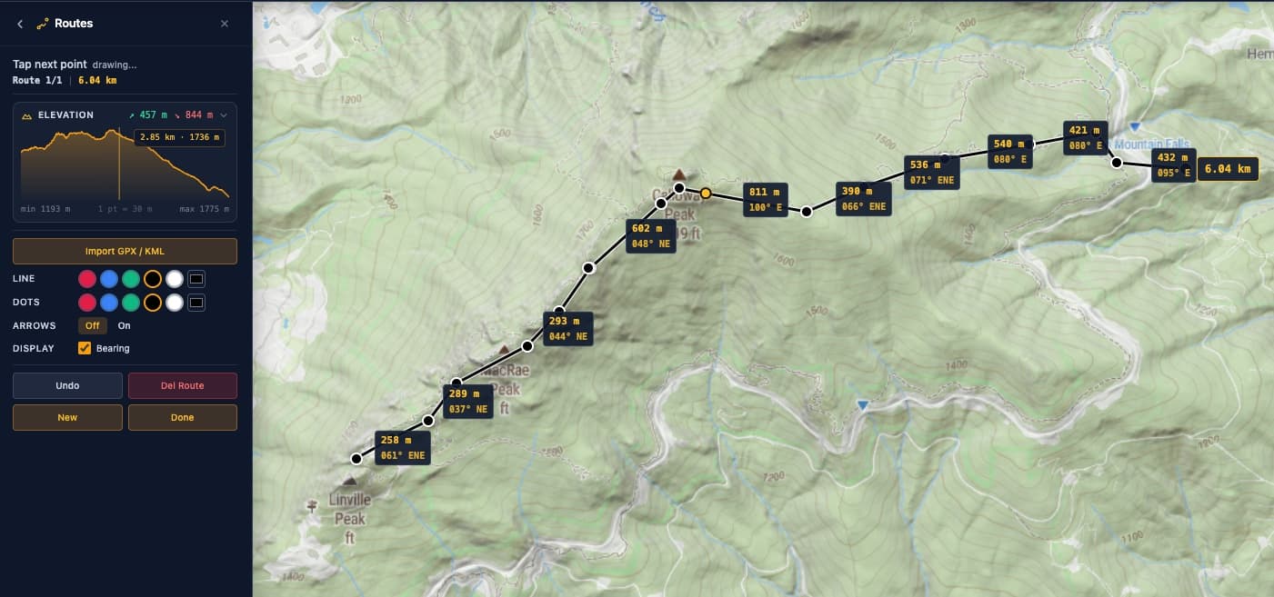 The MapGridder route panel with a drawn route crossing Calloway Peak on a topographic map. The Elevation card in the panel shows the profile chart with gain and loss, and an amber trace dot marks the hovered spot on the route line.