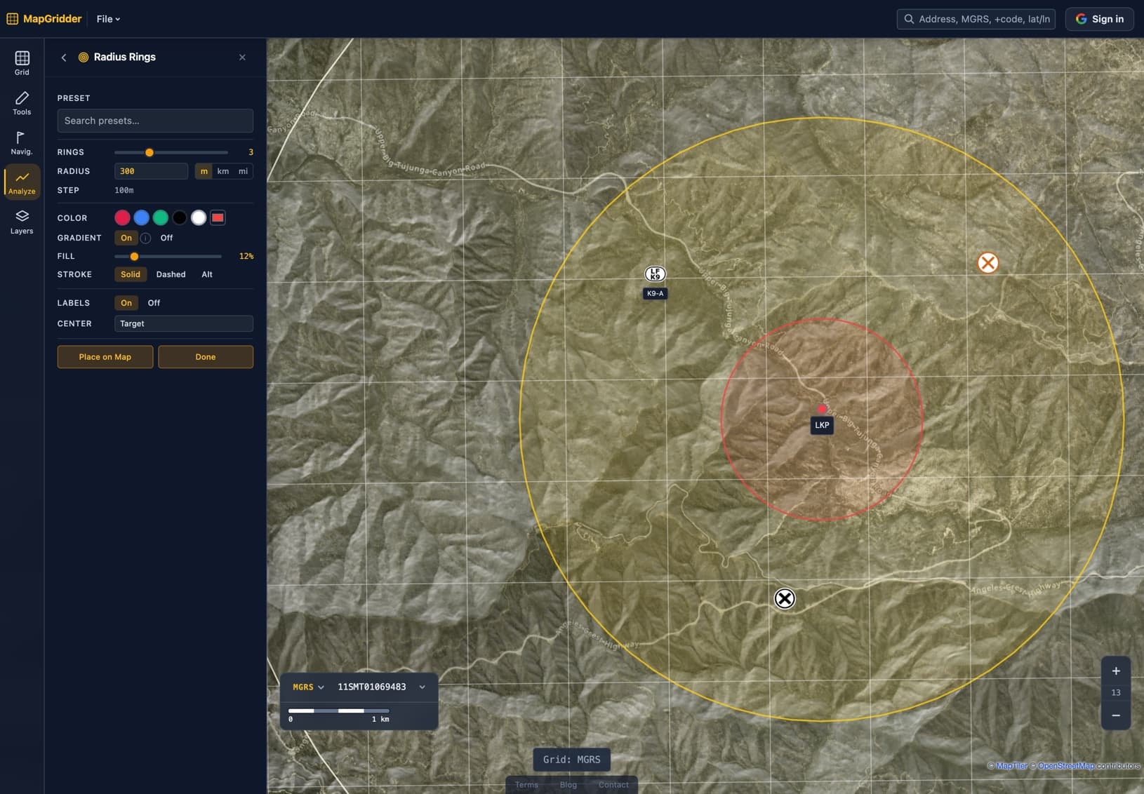 Labeled radius rings at 1, 3, and 6 kilometers around an LKP marker on a satellite map with an MGRS grid, with a canine team symbol and search status markers placed inside the outer ring.