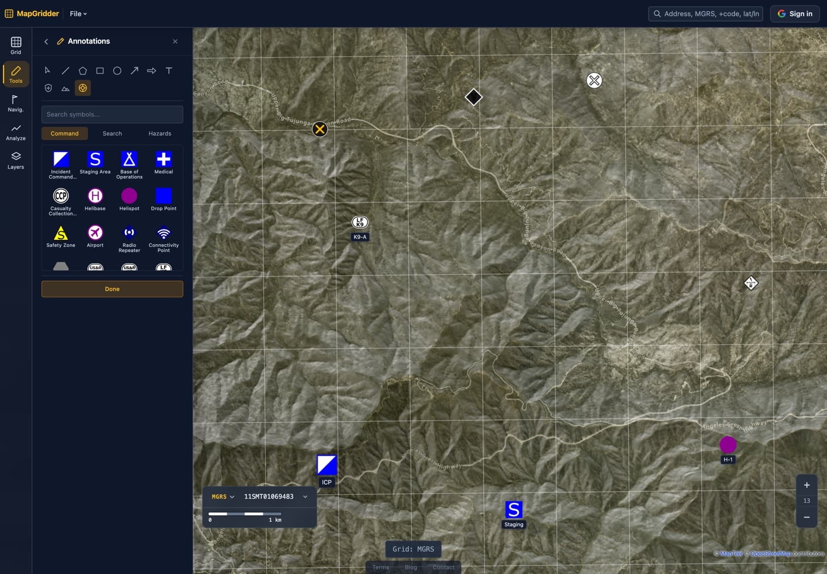 SAR symbol catalog open beside a satellite map of mountain terrain with a 1 km MGRS grid: an ICP flag, staging area, helispot H-1, canine team K9-A, search status markers, a victim-detected diamond, and a powerline hazard placed across the search area.