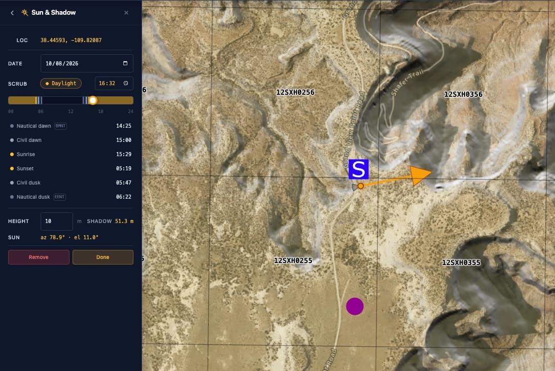 The Sun and Shadow panel beside a satellite map with MGRS-labelled grid squares along the Shafer Trail: a twilight list from nautical dawn to nautical dusk, a daylight time scrubber, object height with the computed shadow length, sun azimuth and elevation, and an orange sun-direction arrow at a staging symbol on the map.