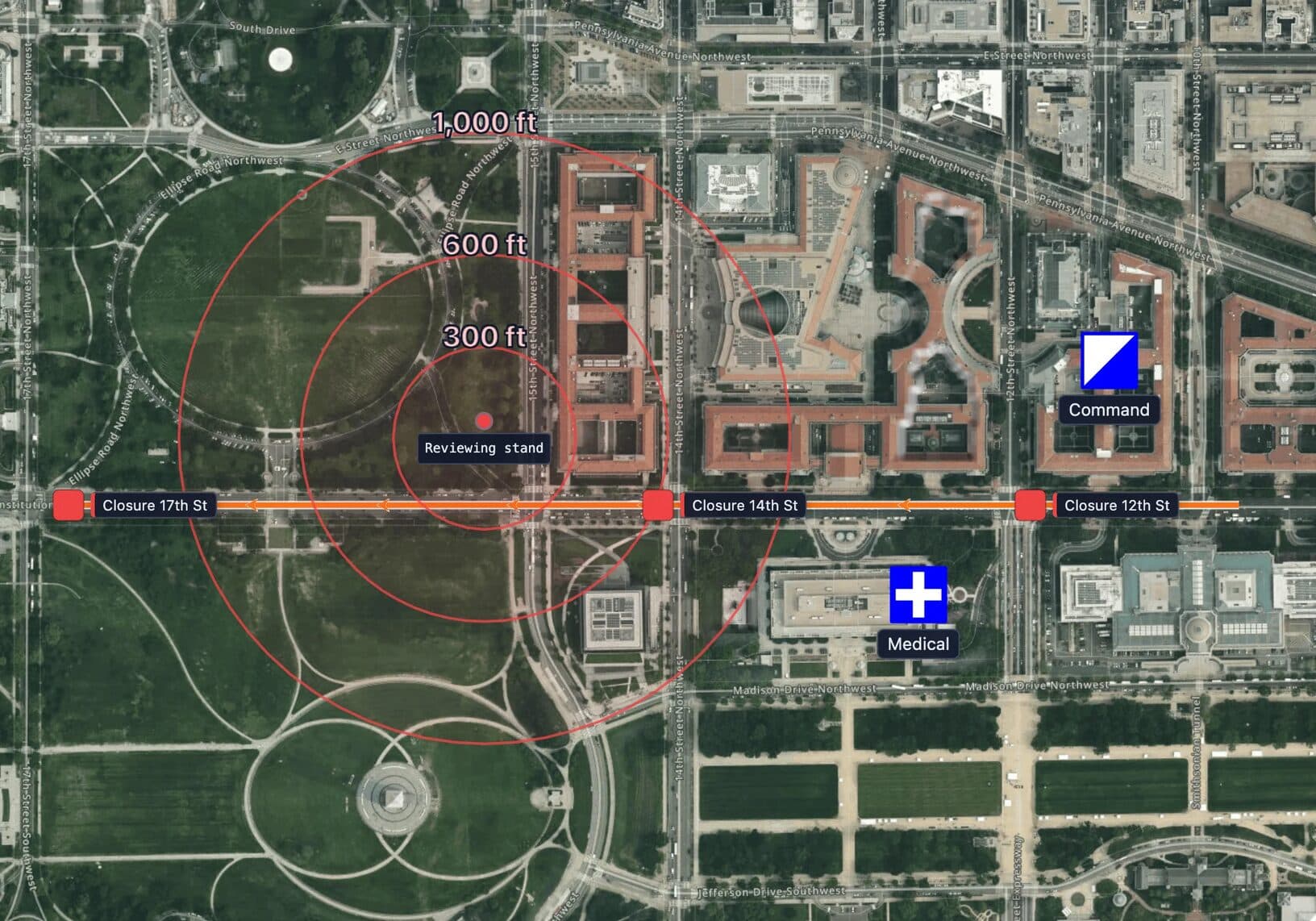 Parade security plan map on satellite imagery of downtown Washington in MapGridder: an orange parade route with direction arrows along a wide avenue, three red closure markers labeled Closure 12th St, Closure 14th St and Closure 17th St, red standoff rings at 300, 600 and 1,000 feet around a reviewing stand, and symbols labeled Command and Medical.
