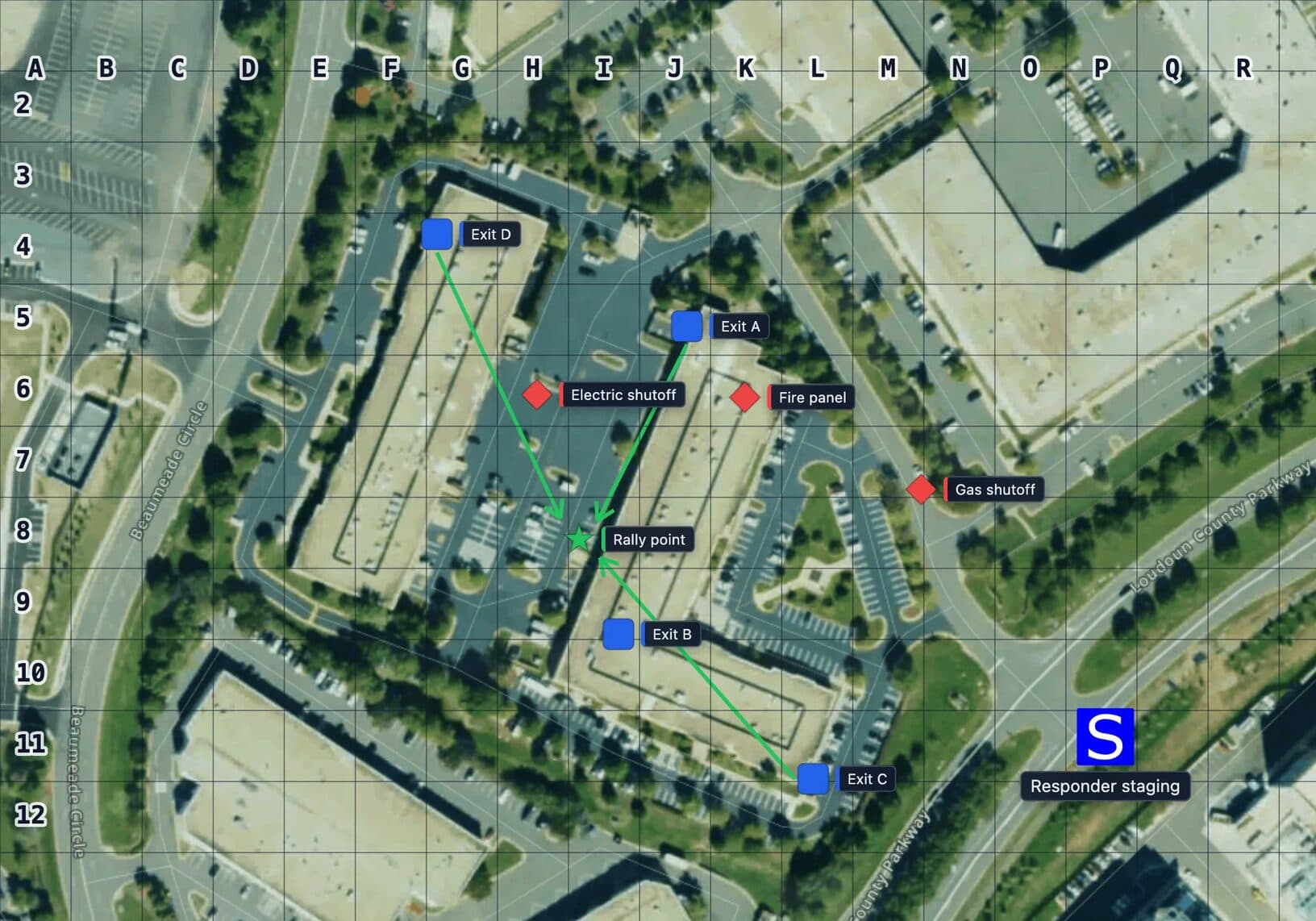 Emergency response map of an office campus on satellite imagery in MapGridder: blue markers labeled Exit A to Exit D on the building doors, red markers for the electric shutoff, gas shutoff and fire panel, green arrows from the exits to a Rally point star in the car park, a Responder staging symbol on the road, all under a lettered and numbered 25 meter grid.