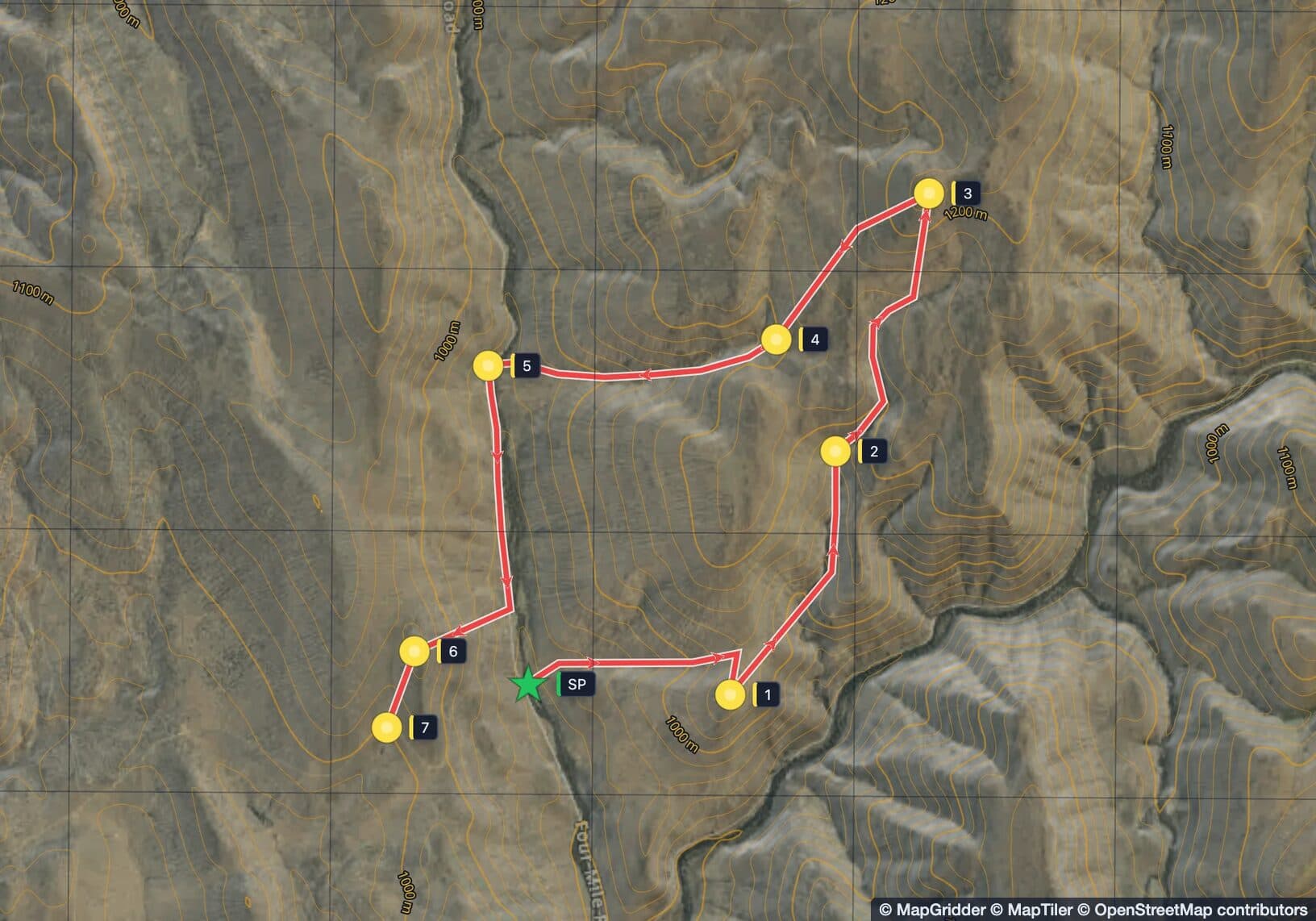 Satellite map with contour lines and an MGRS grid: a green start point on Four Mile Road and seven numbered yellow points joined by a red route with direction arrows that follows a road, draws and a ridge instead of straight lines.