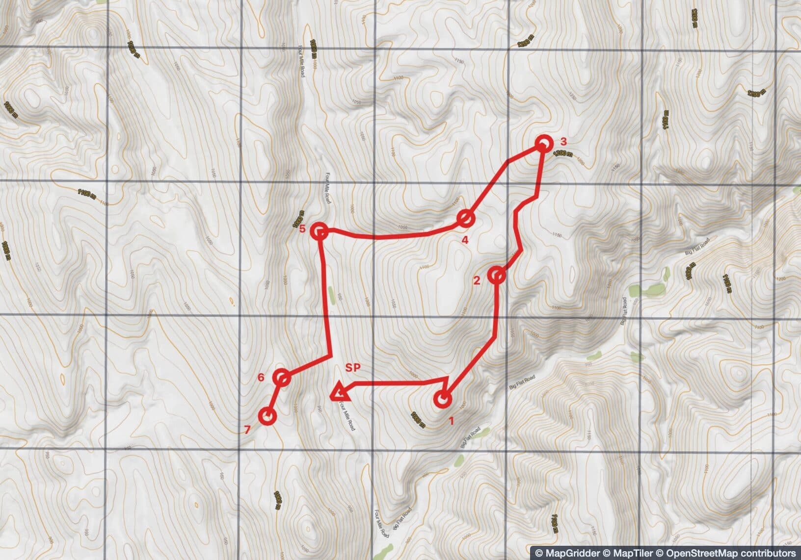 Close-up of the printed 1:50,000 topographic map: 1 km MGRS grid squares, contour lines and road names, with the lane drawn in red from a start triangle through seven numbered circles.