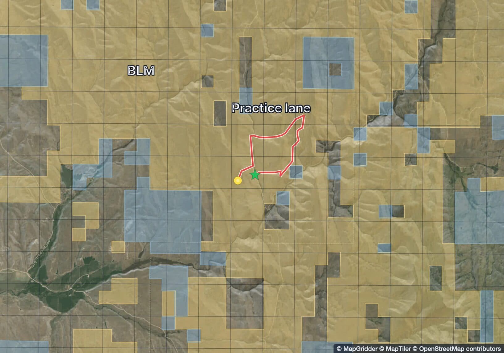 Satellite map of the foothills north of Emmett, Idaho, in MapGridder with BLM land shaded yellow, state land blue and private land unshaded, an MGRS grid, and the red practice lane running from a green start star to Point 7 inside the BLM block.