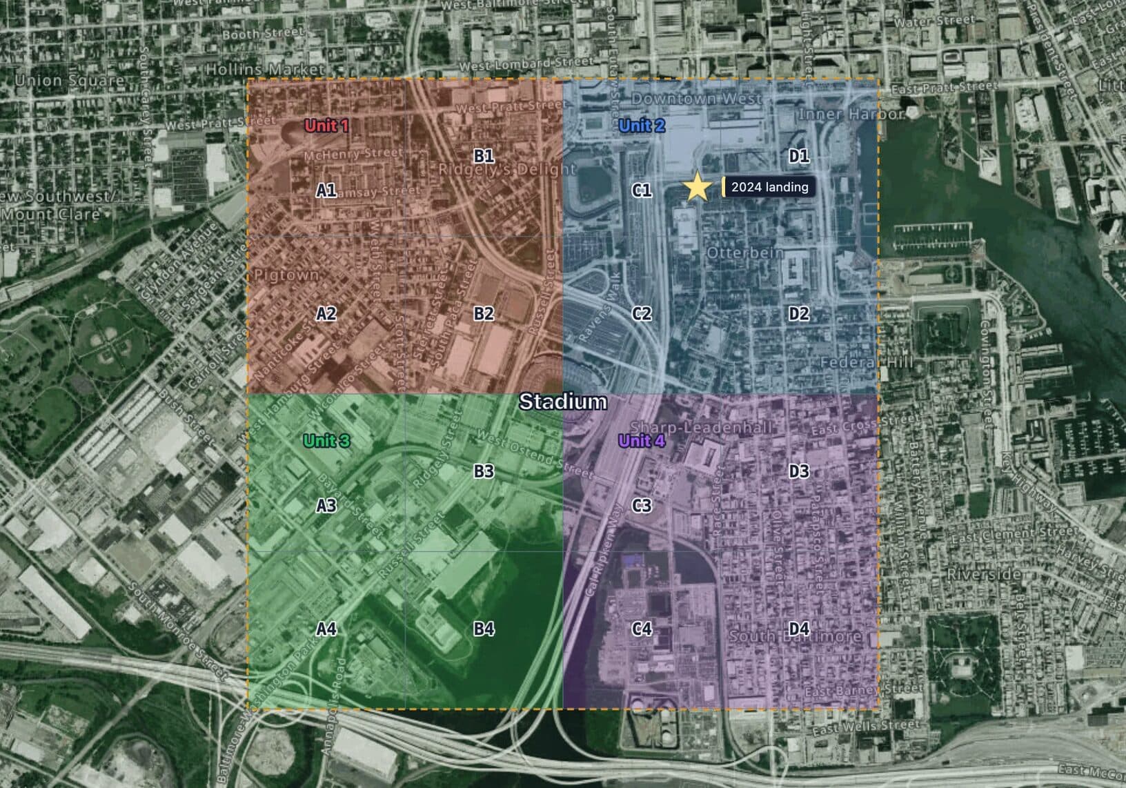 Satellite map around M&T Bank Stadium in MapGridder: a 2 km square split into sixteen 500 metre sectors A1 to D4, painted red for Unit 1, blue for Unit 2, green for Unit 3 and purple for Unit 4, with a star labeled 2024 landing in sector C1.