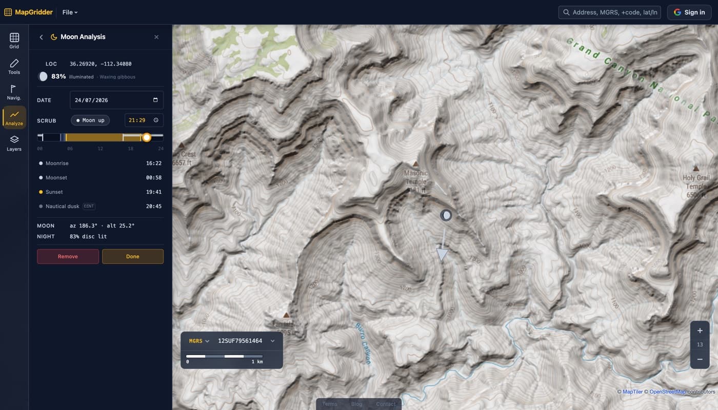 The MapGridder Moon Analysis panel showing an 83 percent illuminated waxing gibbous phase disc, moonrise and moonset times, sunset and nautical dusk, moon azimuth and altitude, and a moon-up lane on the time scrubber, with the moon marker on a Grand Canyon map.