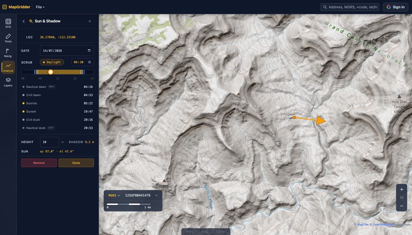 The MapGridder Sun and Shadow panel over a Grand Canyon topographic map, showing the date, a day-band time scrubber, a twilight list with nautical dawn, civil dawn, sunrise, sunset, and dusk times, sun azimuth and elevation, and an amber sun arrow at the marker on the map.