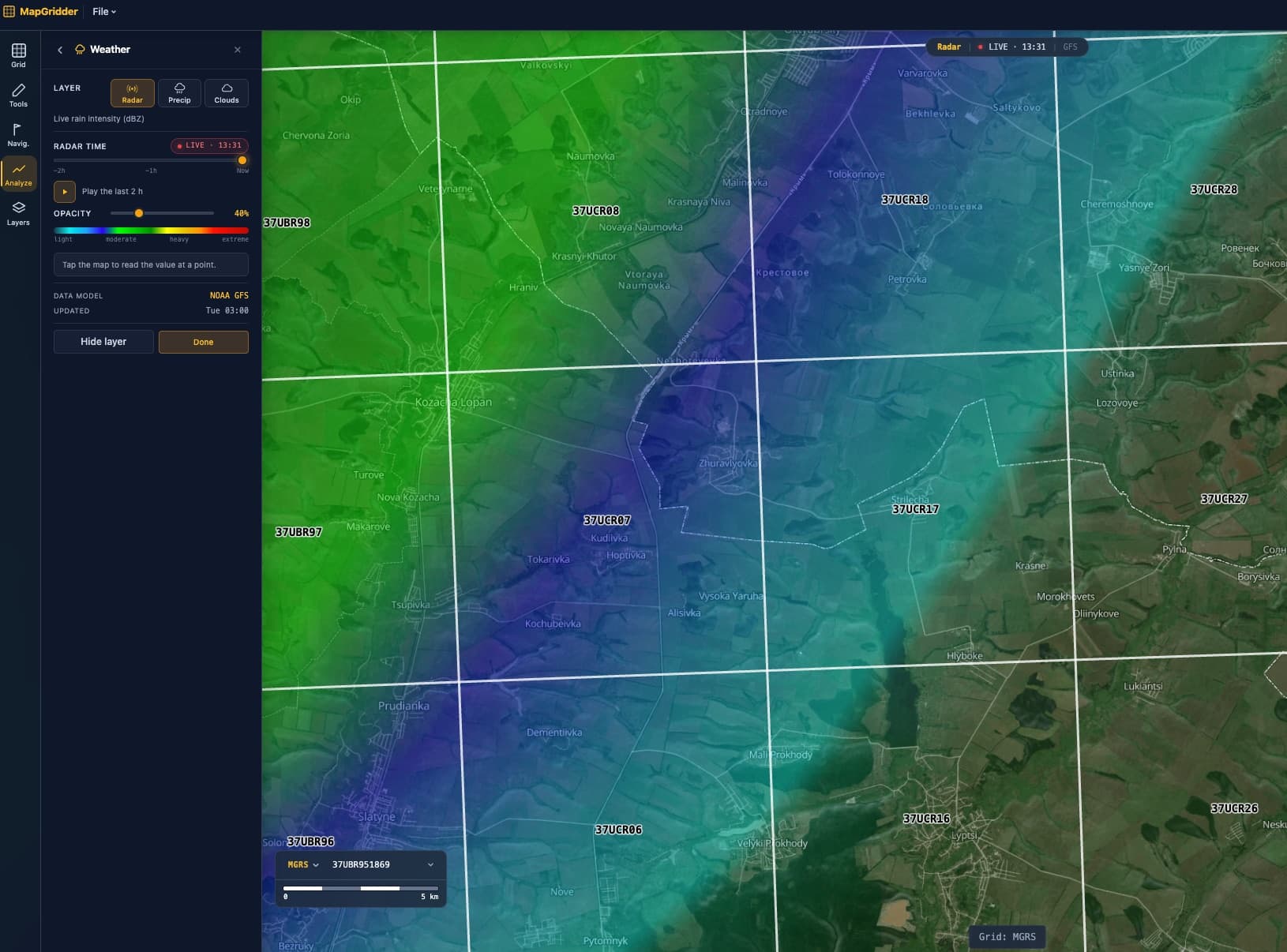 Live weather radar over an MGRS-gridded satellite map in MapGridder: green and blue rain cells under white 10 km grid lines labeled 37UBR and 37UCR, with the Weather panel showing the Radar layer, a LIVE time scrubber, an opacity slider, and the NOAA GFS data model.