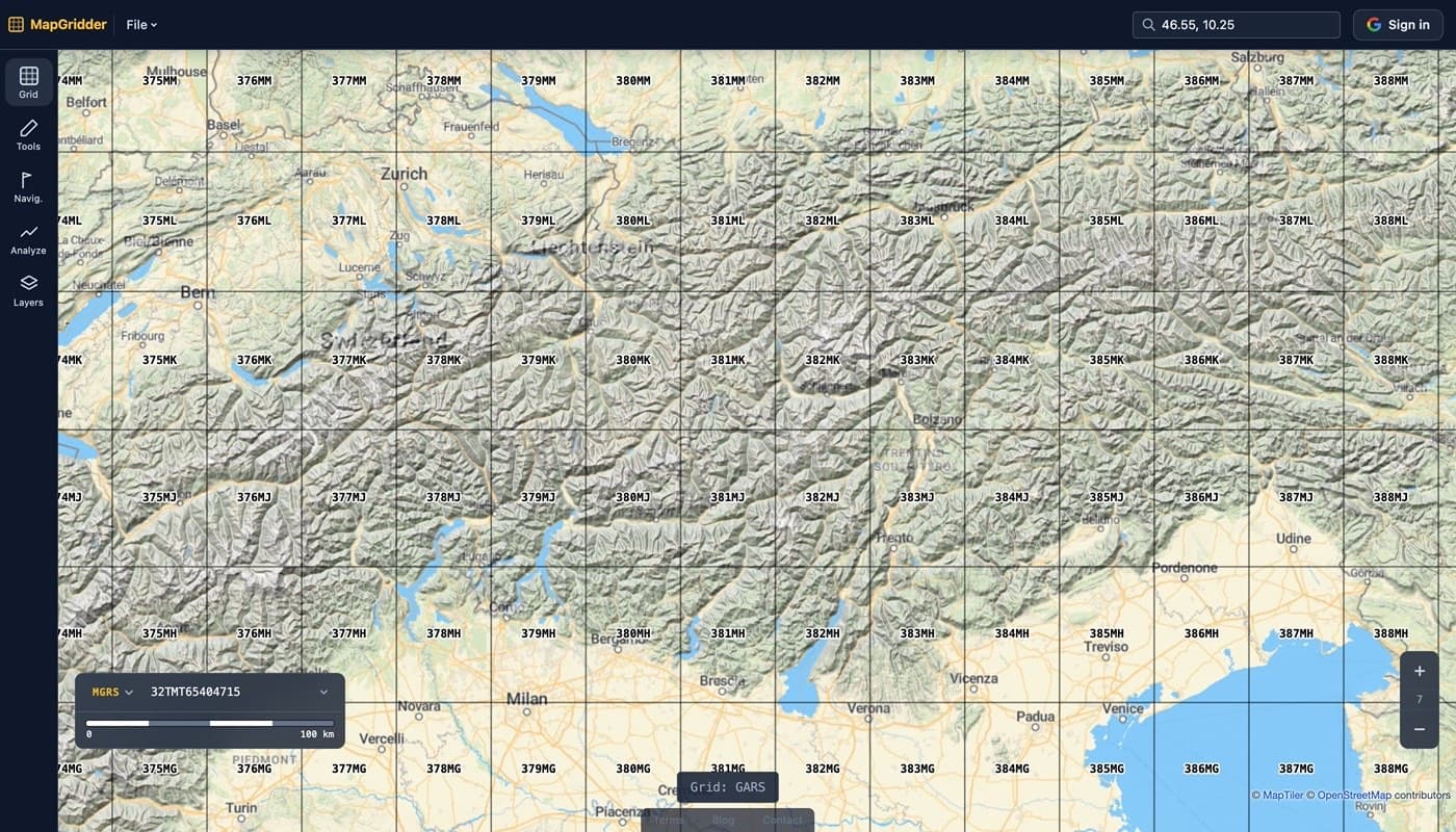 MapGridder showing the GARS grid over the Alps with 30-minute cells labeled 378ML through 388MG, each cell carrying its five character reference
