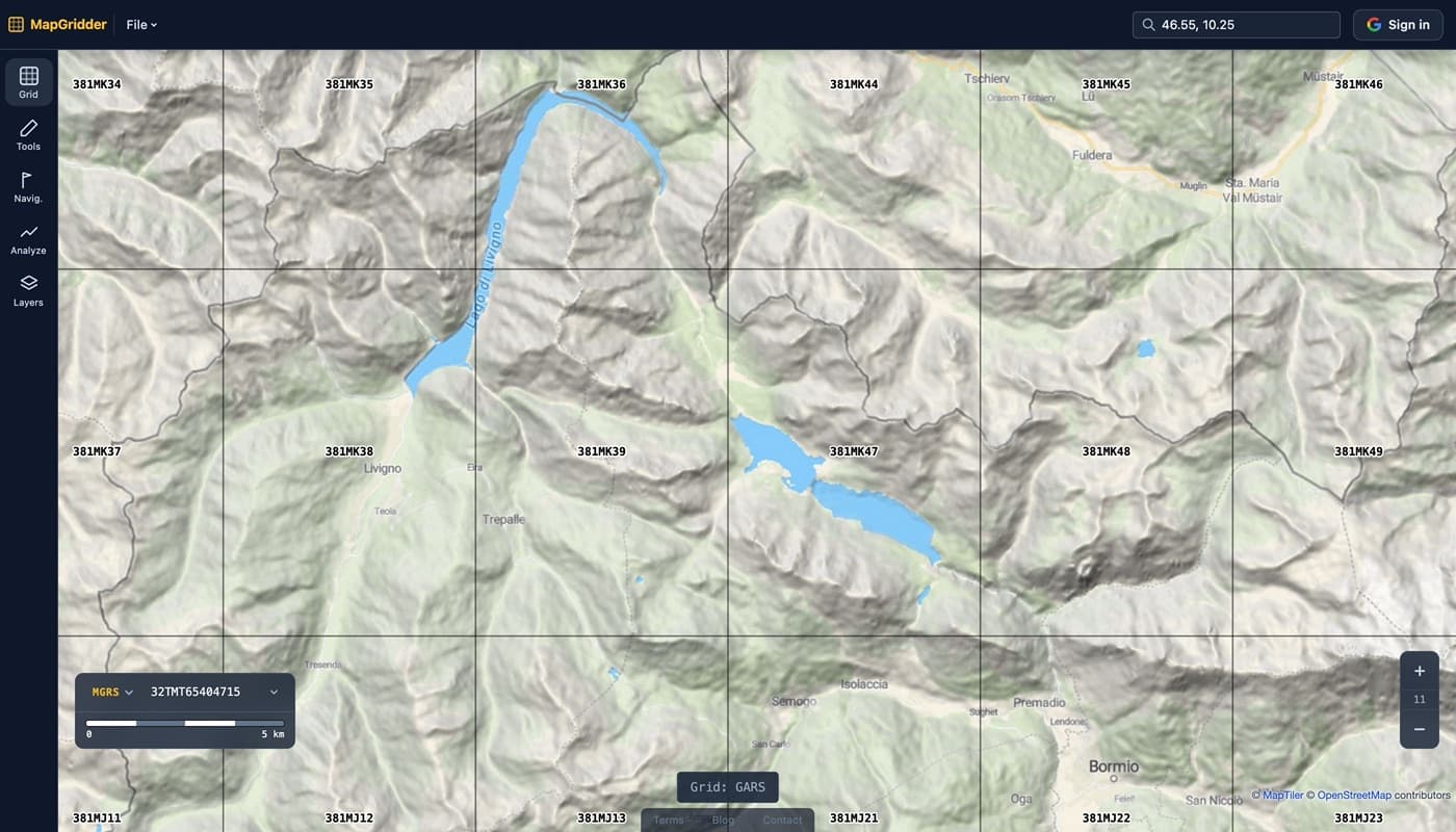 MapGridder zoomed into the Livigno area with the GARS grid at the 5-minute keypad level, cells labeled 381MK37 through 381MK49