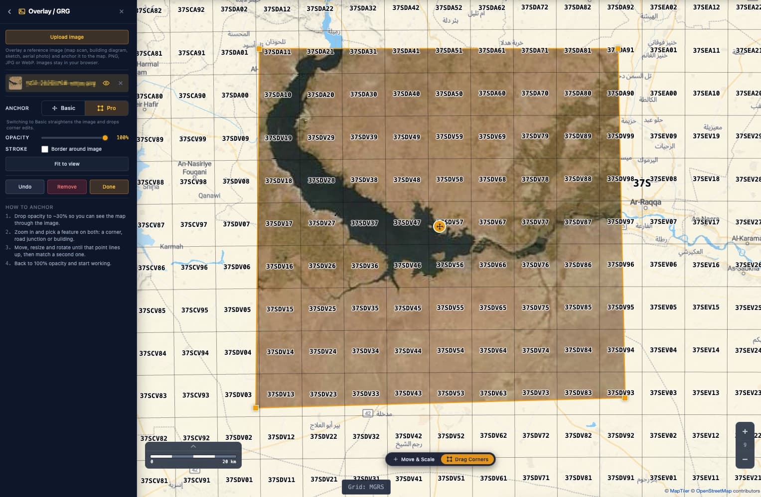 The same anchored satellite image with an MGRS grid on top, each square labelled with its grid reference so a location can be called out as a single code.