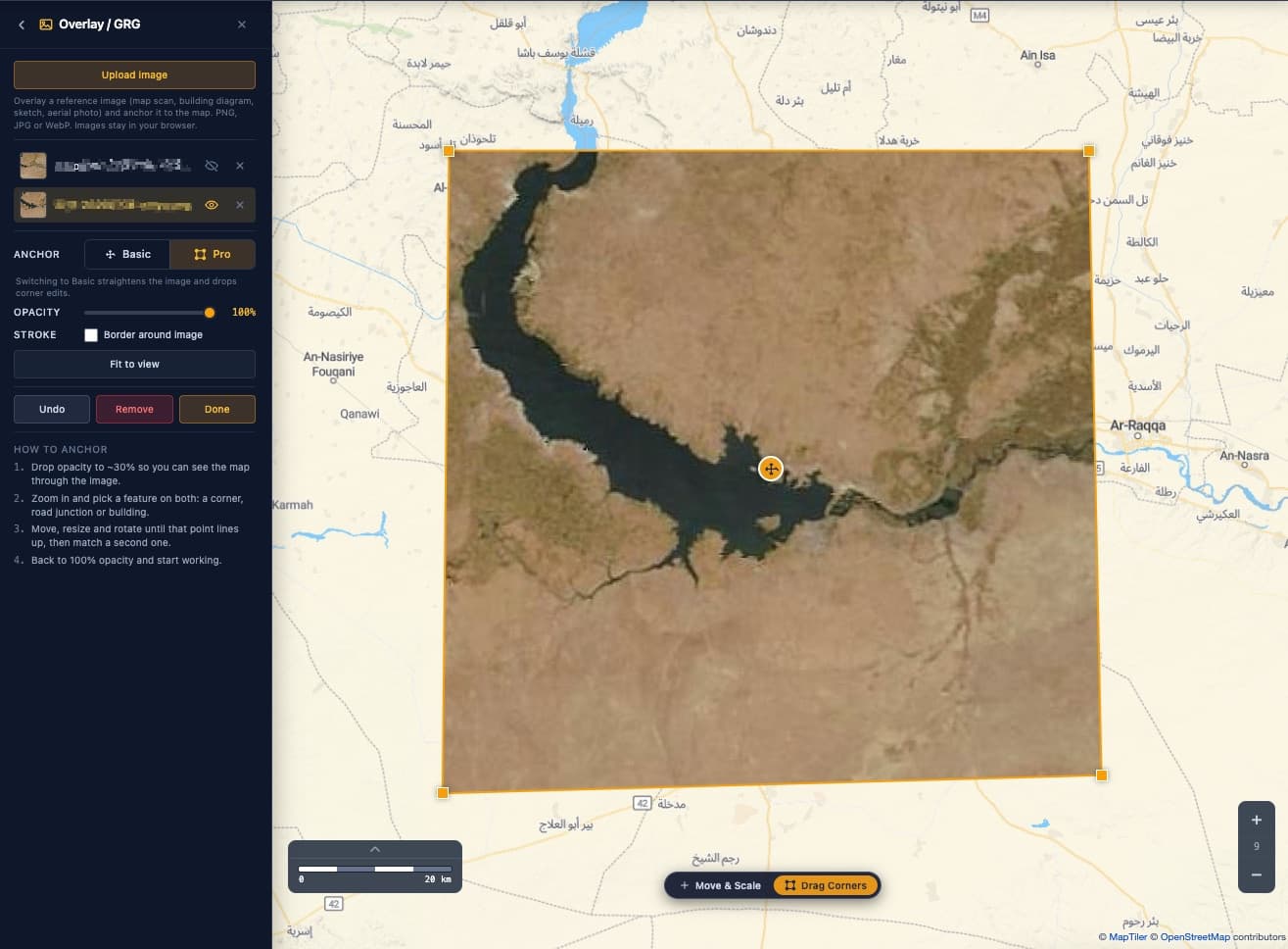 The Overlay / GRG panel open in MapGridder with a satellite image anchored over the map using the Pro drag-corner handles, before any grid is added.