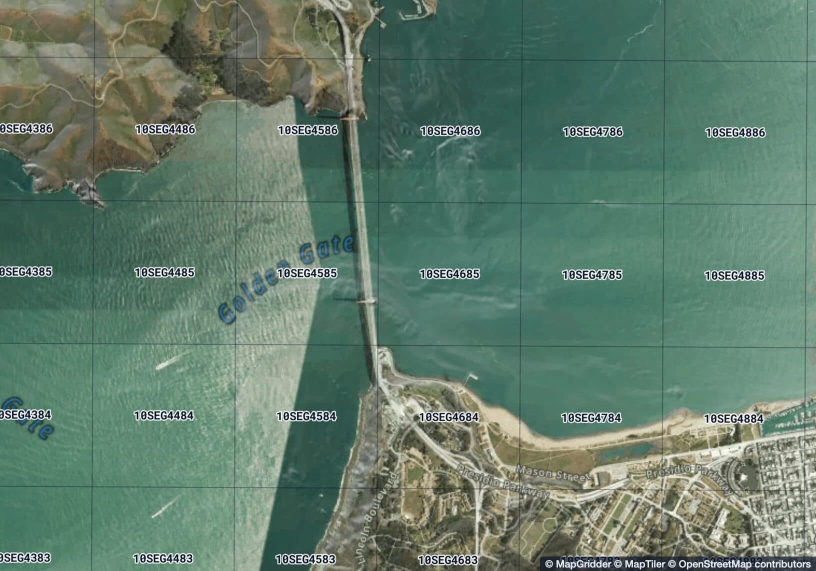 Satellite map of the Golden Gate Bridge in MapGridder, from the Marin Headlands to the Presidio, with a 1 km MGRS grid and the grid reference of each square inside it.