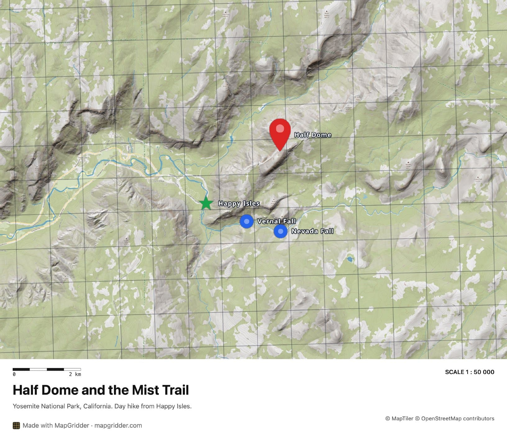 Exported PDF page of Half Dome and the Mist Trail in Yosemite on a topographic map with a 1 km MGRS grid and waypoints for Happy Isles, Vernal Fall, Nevada Fall and Half Dome, above a white footer with a scale bar, the ratio 1:50,000, the title and a description.