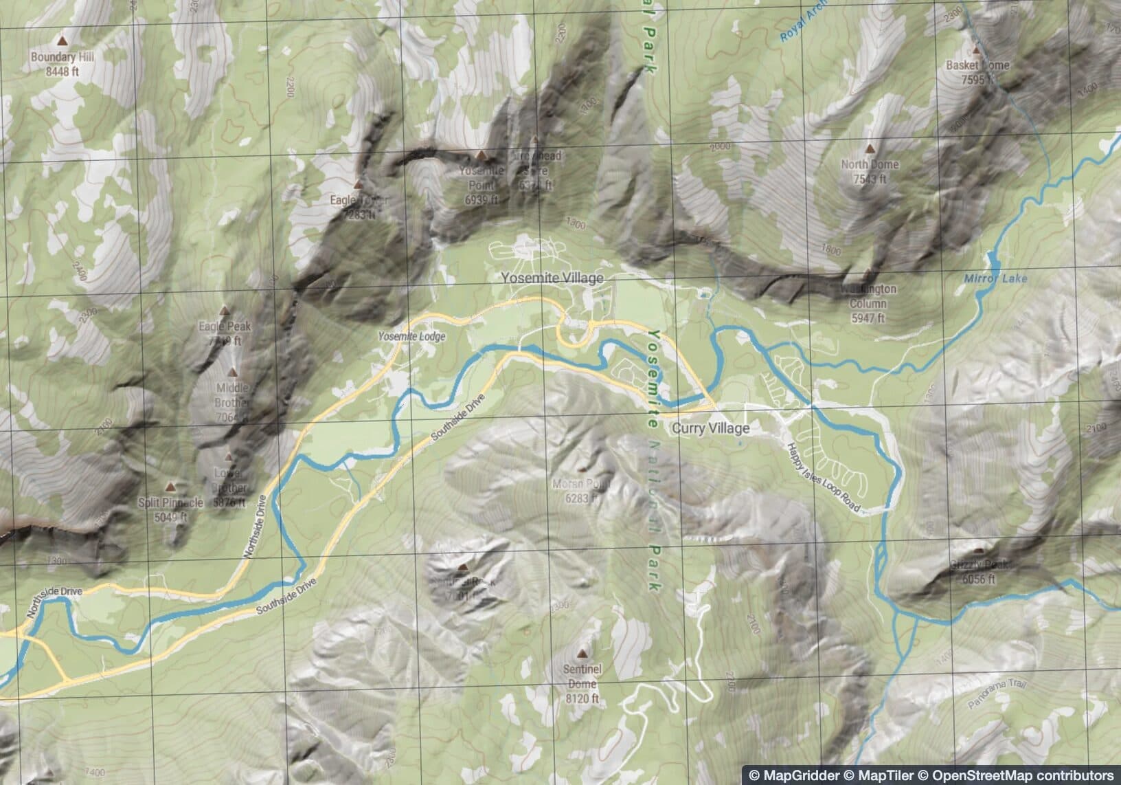 Topographic map of Yosemite Valley in MapGridder, from Eagle Peak to Mirror Lake, with contour lines, peak elevations, the Merced River and a 1 km UTM grid.