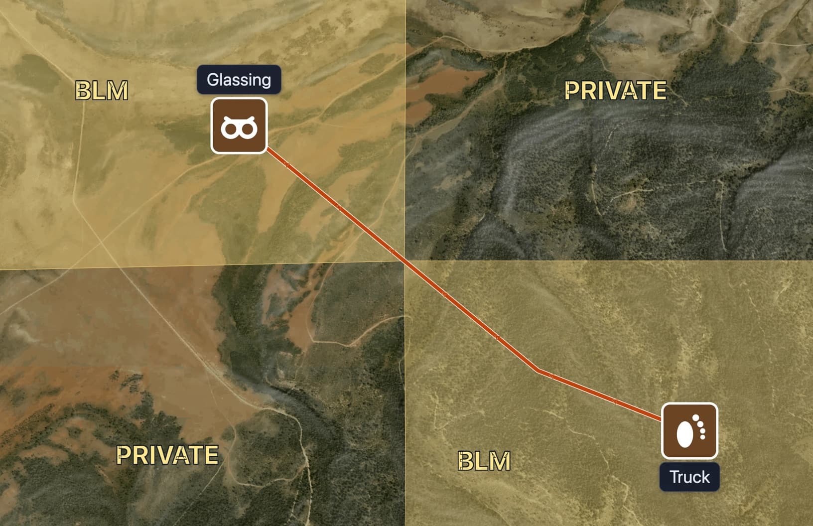 Close-up satellite map in MapGridder of a checkerboard corner near Elk Mountain: two yellow BLM squares touching diagonally, two unshaded private squares labeled PRIVATE, a route line from a trailhead symbol labeled Truck passing exactly through the shared corner to a viewpoint symbol labeled Glassing.