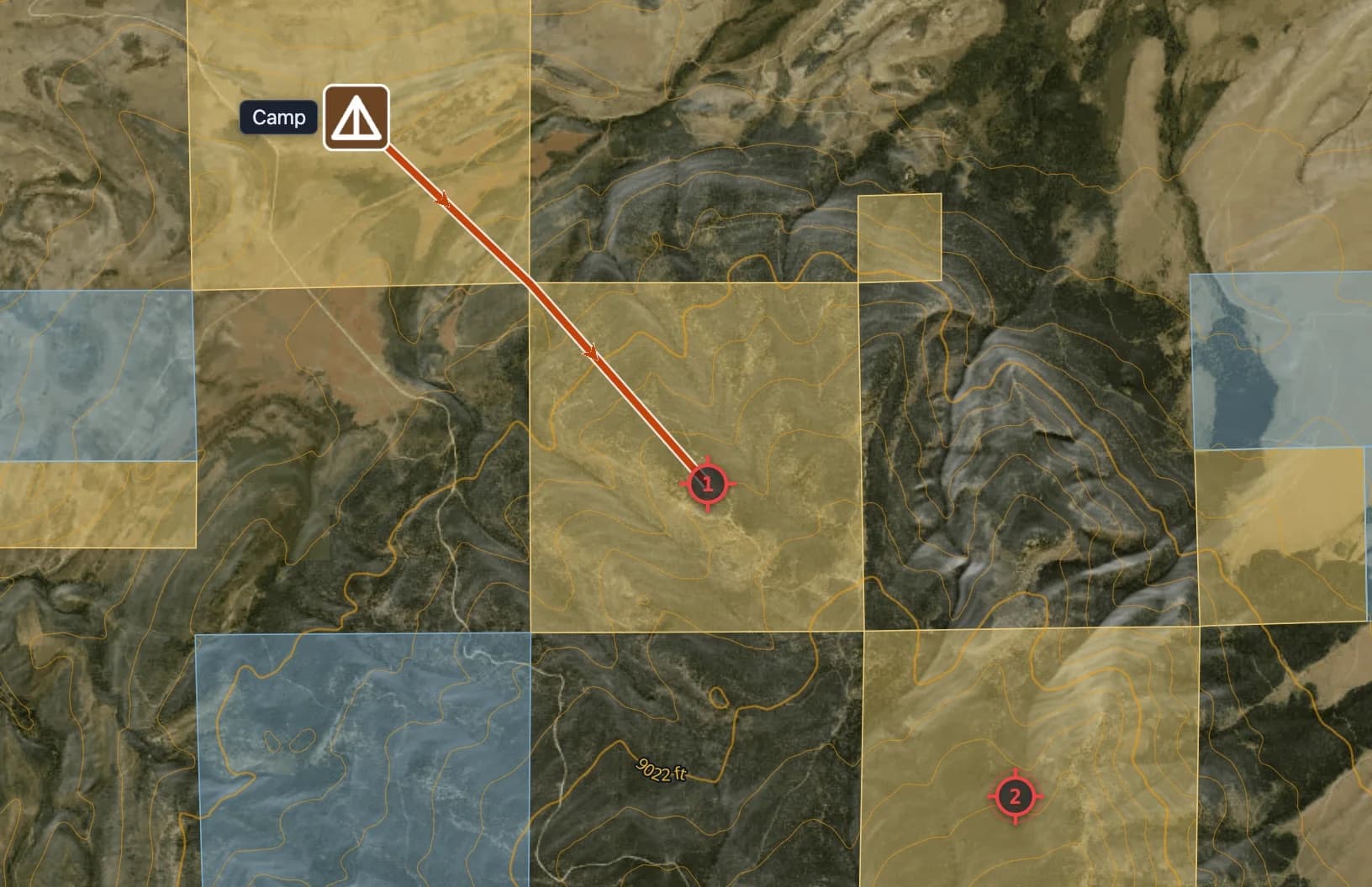 MapGridder satellite map near Elk Mountain with the Public Lands layer and contour lines on: a campground symbol labeled Camp inside a yellow BLM square, a route through public squares, and two numbered objective markers on other BLM squares.