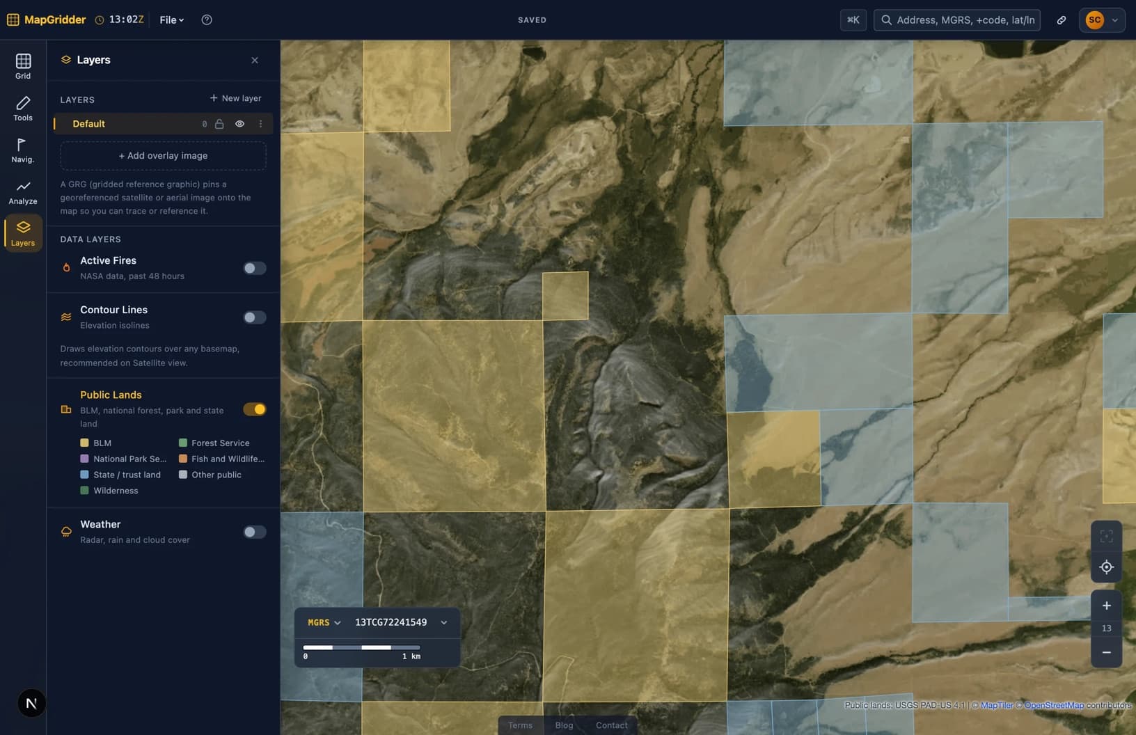 MapGridder desktop map with the Layers panel open on the left, the Public Lands toggle on and its color legend showing BLM, Forest Service, National Park, Fish and Wildlife, State, Other public and Wilderness, over the satellite checkerboard near Elk Mountain.