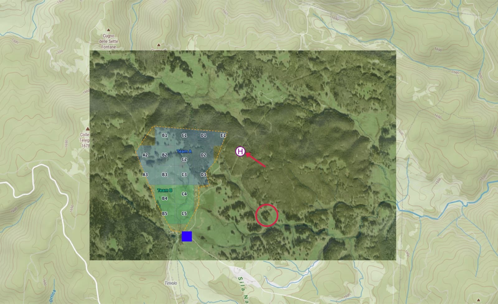 A search plan in the Sila mountains near Tirivolo: a satellite reference overlay pinned over a topographic basemap, the search area split into lettered sectors from A2 to E1 with Team A painted blue and Team B green, a helipad symbol marked with an arrow, and a red ring around a stand of trees.