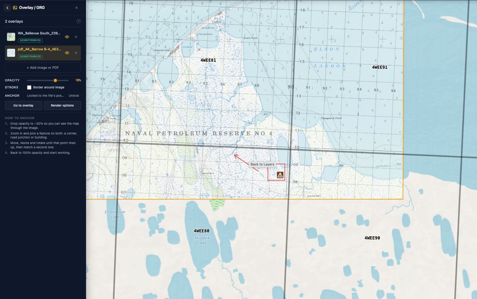 A historical USGS quad of Barrow, Alaska imported as a geospatial PDF and lying georeferenced over a live basemap, with an MGRS grid drawn on top, an arrow annotation pointing at a marked symbol, and the overlay panel listing two imported sheets.