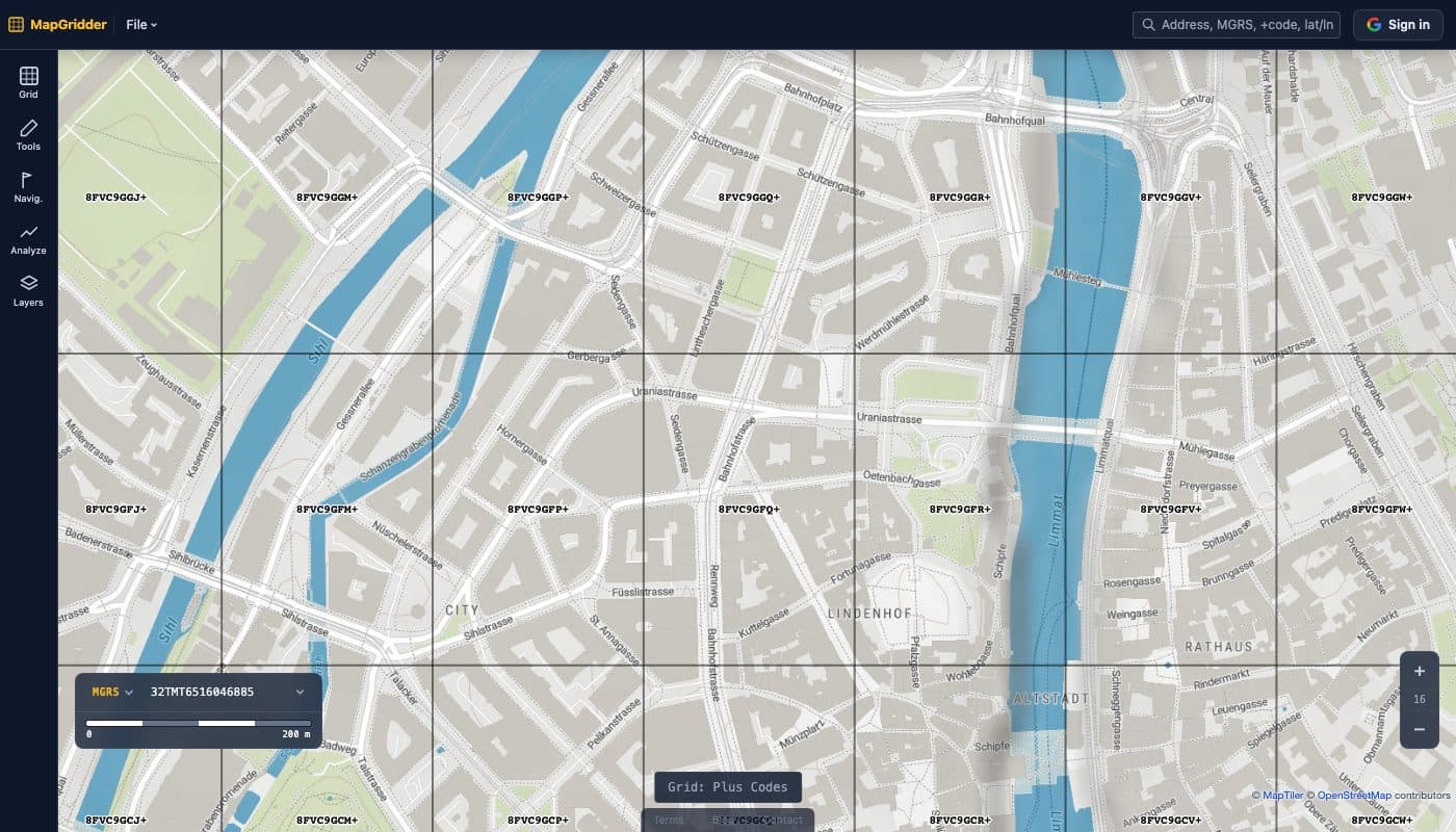 MapGridder zoomed into Zurich with the Plus Code grid at the 275 meter block level, cells labeled with full codes like 8FVC9G8F+