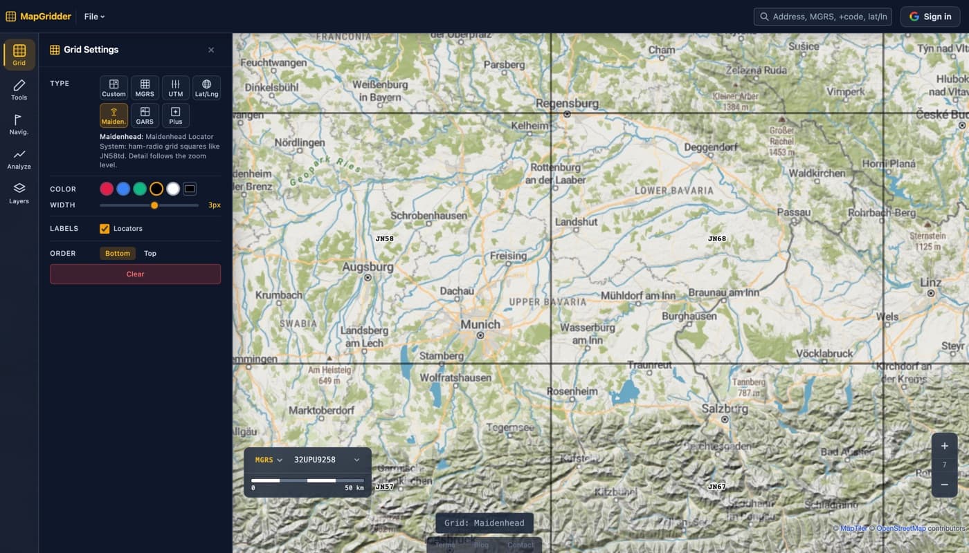 The MapGridder grid panel with the Maidenhead type selected next to a map of southern Germany, where bold grid lines mark the squares JN58 and JN68 with their locator labels.