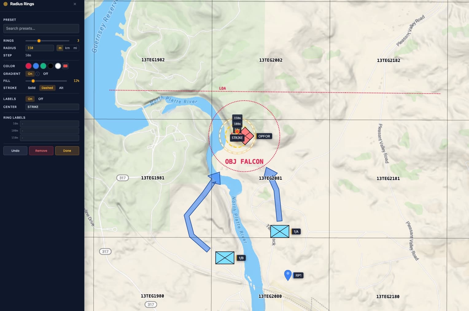 MapGridder interface with effect-radius rings and a limit-of-advance line added around the objective, and the Effect Radius panel open in the sidebar.
