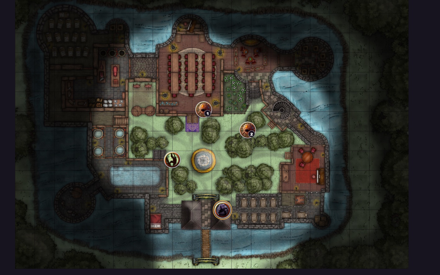 A castle battle map ringed by a moat, with an aligned square grid, monster art tokens in the courtyard, and fog of war hiding the unexplored wings